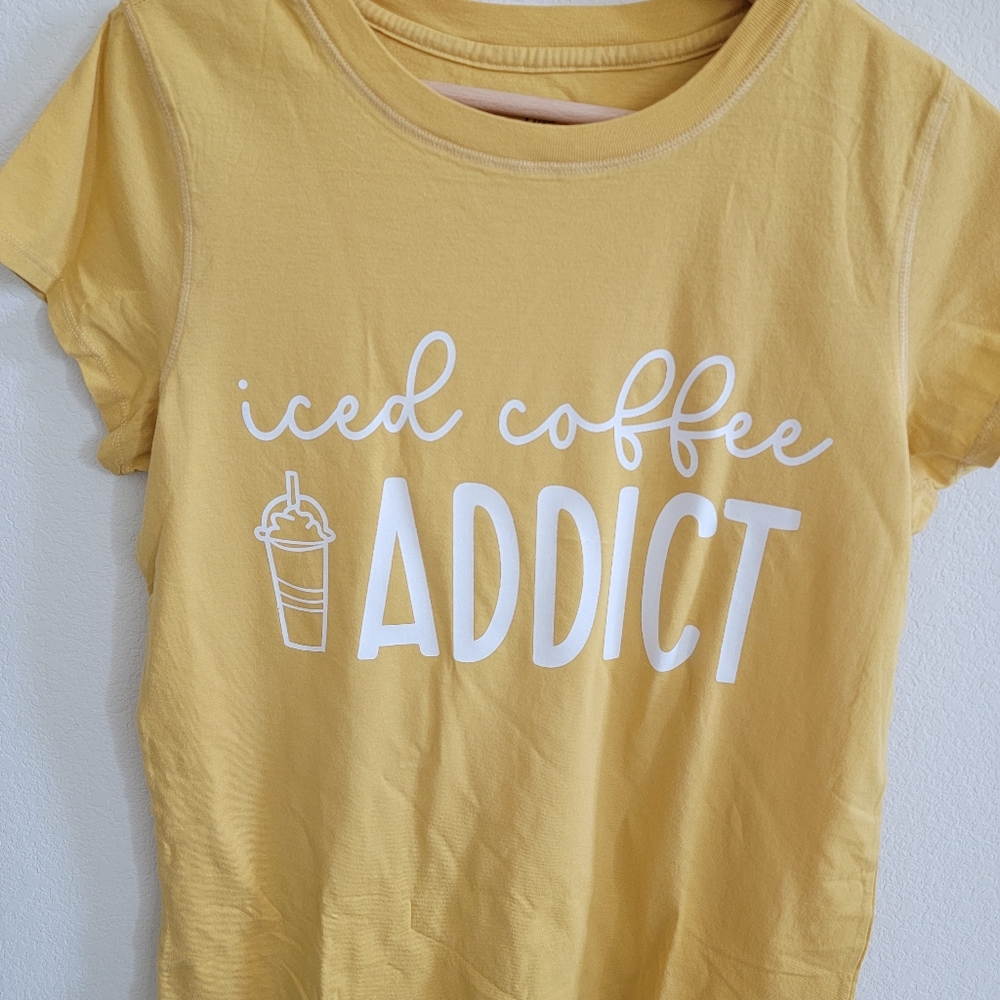 🆕️ Yellow Women's shirt Iced Coffee Addict Screenprint Size M